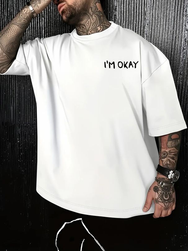 Maglietta Uomo Cotone 180g Stampa Teschio E Scritta I'M OKAY Retro Morbida Versatile Stile Casual Vestibilità Regolare_viptrois.com