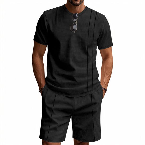 American Style Summer Men's Loose Fit INS Simple Waffle Round Neck Short Sleeve Shorts Two-Piece Set_viptrois.com
