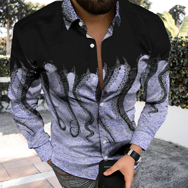 Men's Clothing Autumn Lapel 3d Octopus Flow Color Printing Casual Spot Youth Long Sleeve Shirt_viptrois.com