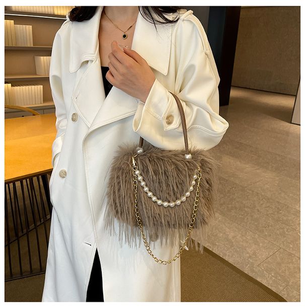 Women's Bags Autumn And Winter New Turkey Feather Plush Crossbody Bag Solid Color Versatile Large Capacity Handbag Pearl Chain Women_viptrois.com