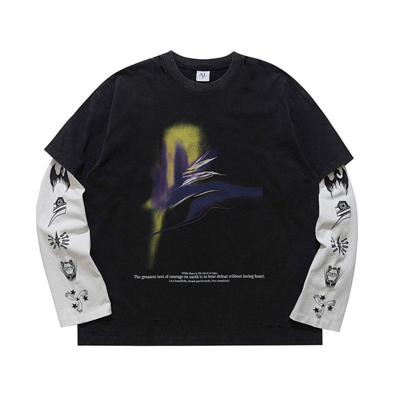 High Street Washed Distressed Printed Faux Two-piece Long-sleeve Oversized Loose Top Trendy Shirt_viptrois.com