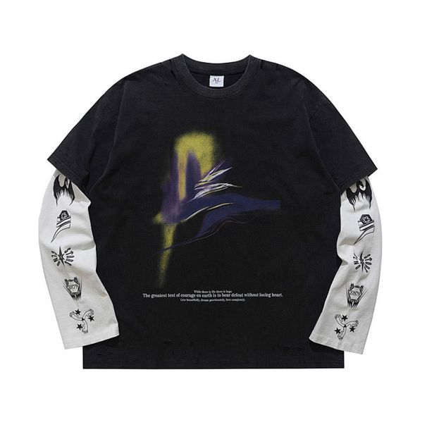 High Street Washed Distressed Printed Faux Two-piece Long-sleeve Oversized Loose Top Trendy Shirt_viptrois.com
