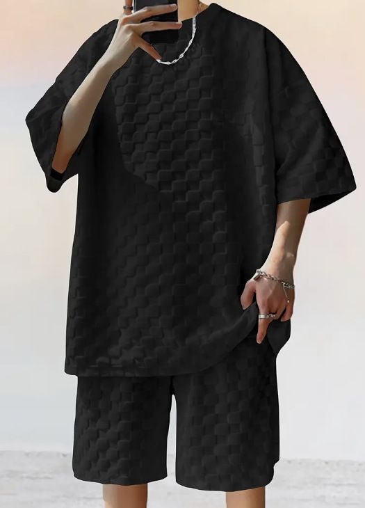 Men's Clothing Jacquard Plaid Short Sleeved T Shirt Loose Straight Casual Shorts Suit_viptrois.com