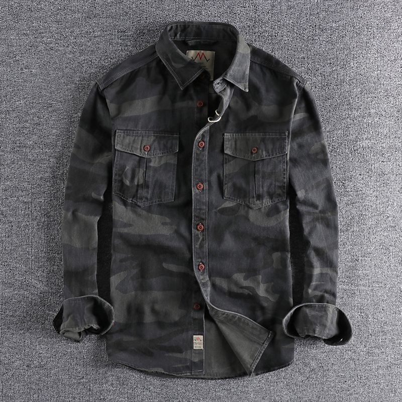 Military Washed Camo Shirt – Vintage Workwear Oversized Fit (M-3XL, Green/Gray Camo, 100% Cotton With Dual Utility Pockets)_viptrois.com