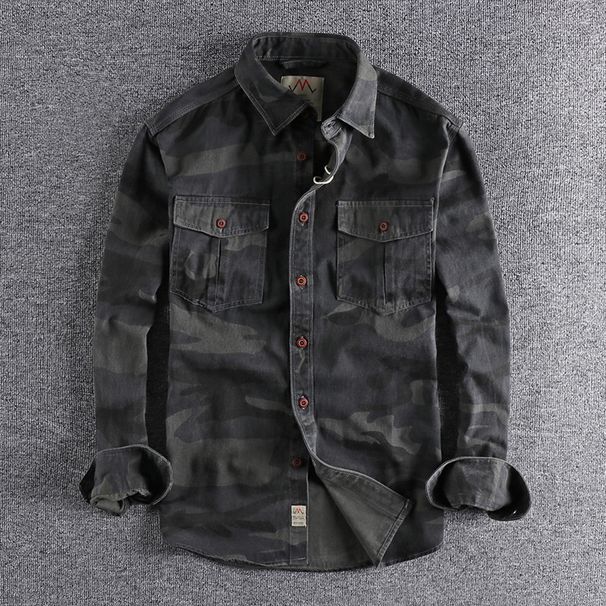 Military Washed Camo Shirt – Vintage Workwear Oversized Fit (M-3XL, Green/Gray Camo, 100% Cotton With Dual Utility Pockets)_viptrois.com