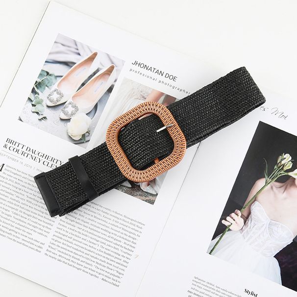 Popular Style Cotton and Linen Style PP Grass Woven Belt Women's Round Square Buckle Korean Style dress Long Shirt Women's Decorative Belt_viptrois.com