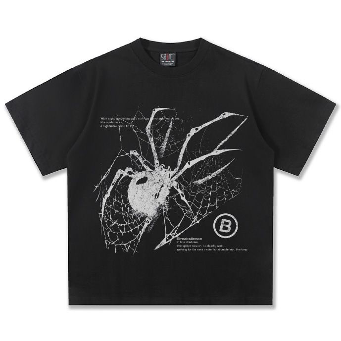 Men's Clothing 2025 Cross Border Summer Y2K Spider Washed Old American Street Print 300g High Weight Short Sleeved T Shirt Top_viptrois.com