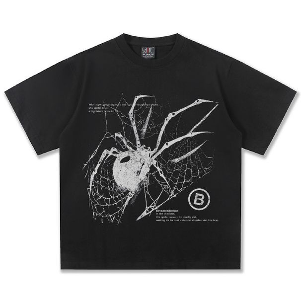 Men's Clothing 2025 Cross Border Summer Y2K Spider Washed Old American Street Print 300g High Weight Short Sleeved T Shirt Top_viptrois.com
