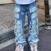 Men's Clothing Corroded Split Patch Jeans Men's High Street Loose Straight Beggar Trousers_viptrois.com