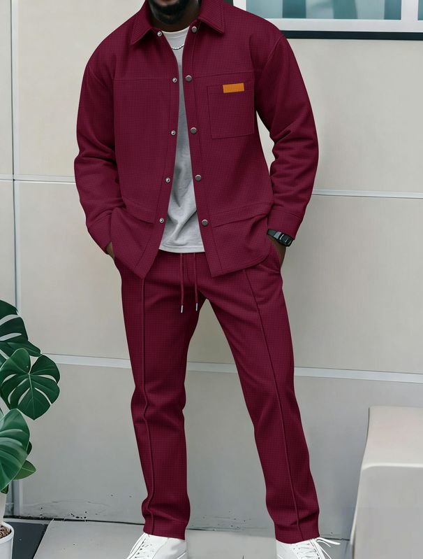 Men's Waffle Knit Long Sleeve Shirt & Pants Casual Suit Set - Slim Fit Autumn Outfit With Button-Down Collar & Pockets_viptrois.com