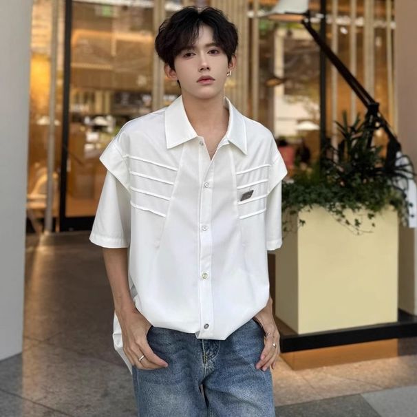 Small Niche Deconstruction Segmentation Shoulder Pad Shirt Loose Pleated Silhouette Cardigan Metal Design Sense Shirt For Men_viptrois.com