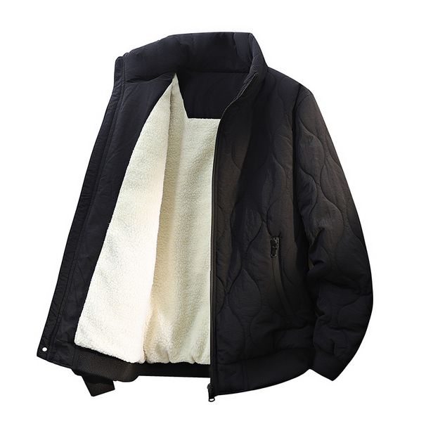 Men’s Vintage Fleece-Lined Jacket – Oversized Stand Collar Winter Coat, Polyester Padded, Zip-Up (Black, S-XXXL)_viptrois.com