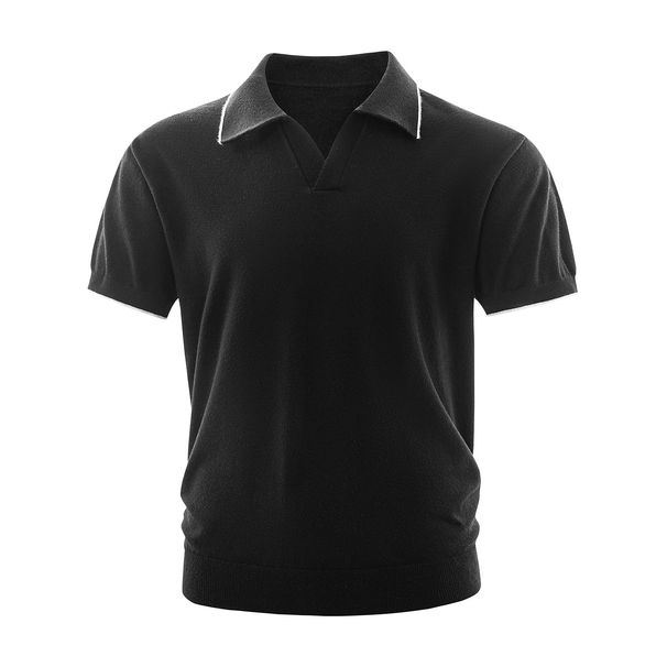 Men's Sophisticated Elegant Knit Shirt Contrasting Trim Turn Down Collar Breathable Ice Silk Business Casual Top Tee_viptrois.com