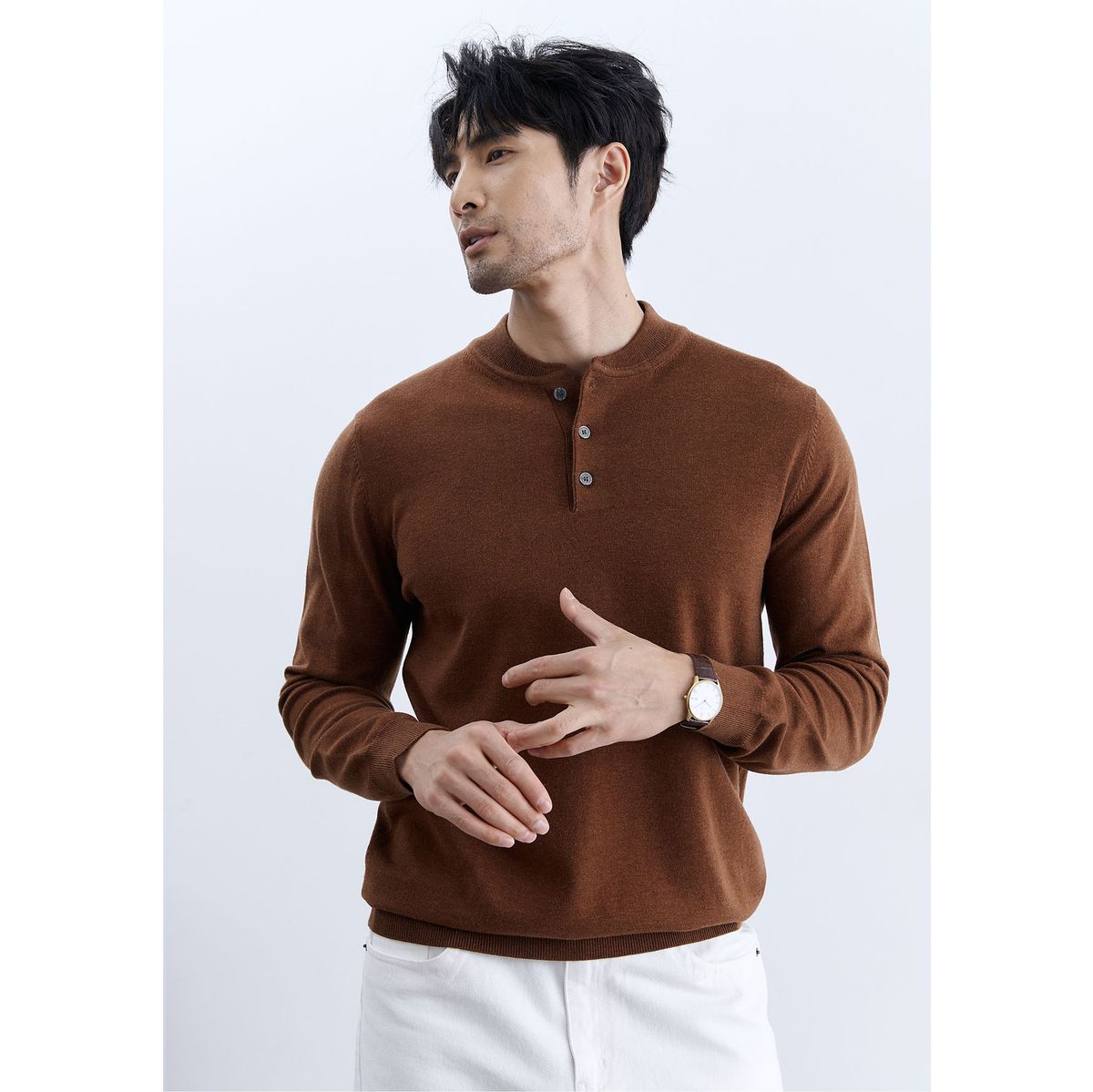 Men's Henley Neck Long-Sleeve Knit Sweater - Slim Fit Business Casual Pullover, Breathable & Stretchy (Black, Gray, Coffee)_viptrois.com