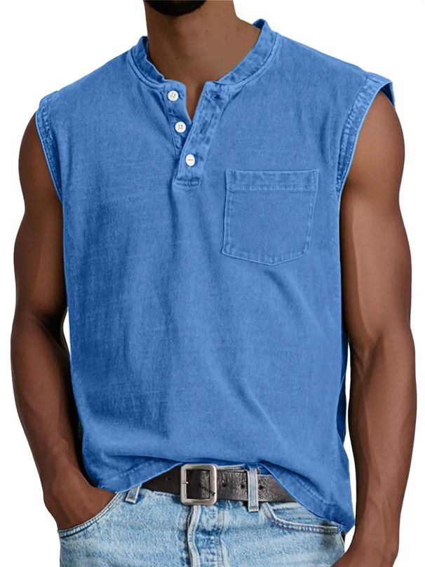 Pulse Wide Shoulder Cotton Vest 2026 Spring Sleeveless Washed Vintage European And American British Style Men's Henry Collar_viptrois.com