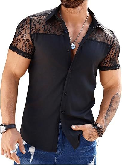 Men's Clothing New Summer Men's Lace Stitching Short Sleeved Shirt Slim Fashion Shirt_viptrois.com