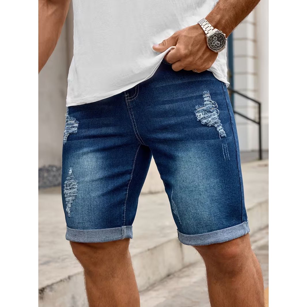 Men's Distressed Denim Shorts 5-Inch Inseam Washed Light Blue Relaxed Fit Casual Summer Shorts Comfort-Driven Fit_viptrois.com
