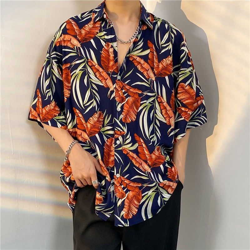 KOBPT Men's Floral Shirt Summer Hawaiian Style All over Print Loose Short Sleeve Retro Street Style Beach Couple Shirt_viptrois.com