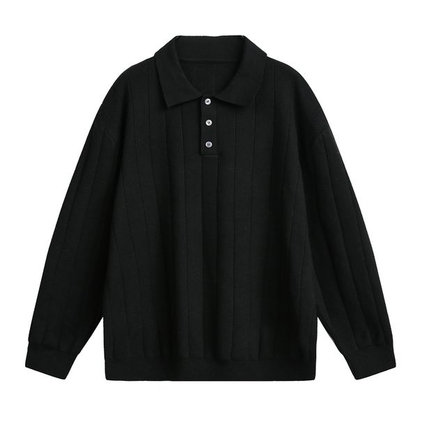 Monochrome Man- Mature Style Vertical Ribbed Texture Turn-Down Collar Sweater For Men, New Autumn And Winter Textured Polo Knitwear,_viptrois.com