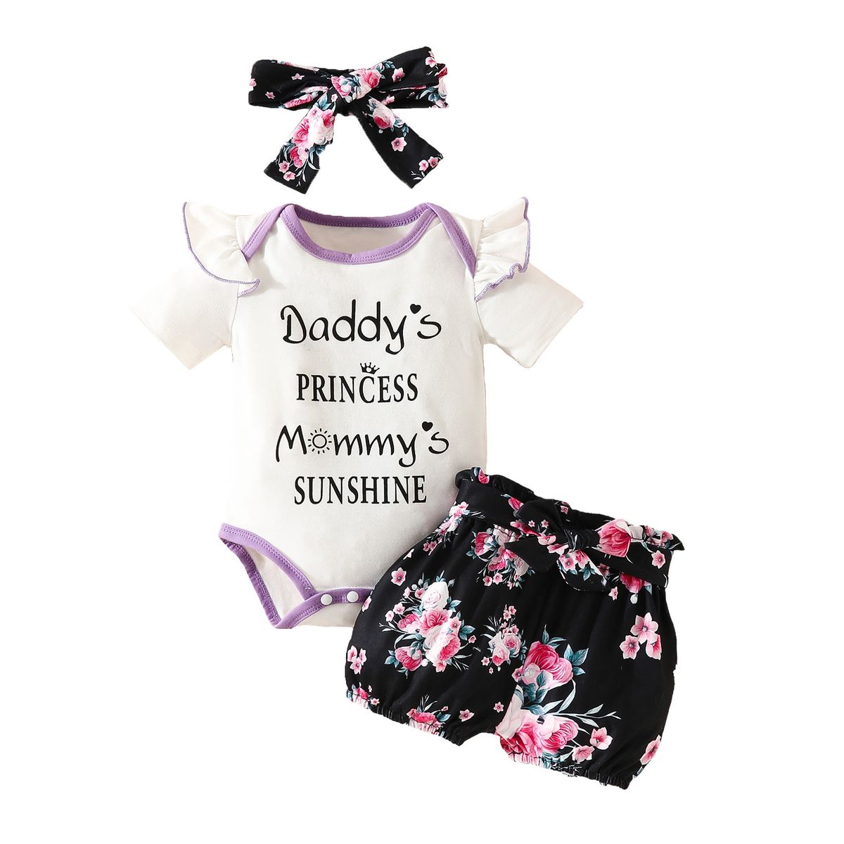 Babies' clothes Baby Short Sleeve Triangle Romper Shorts Set Baby Girl Alphabet Summer Tops Belt Flowers Cute Pants_viptrois.com