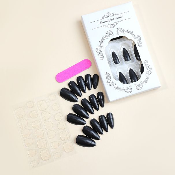Pure Color Almond Shaped Black Wearable Nail Patches Removable False Nails_viptrois.com