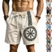 Men's Summer Bamboo Linen Shorts Viking Style Printed Casual Drawstring Straight Leg Pants Retro Fashion_viptrois.com