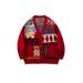 Men's Clothing American Cartoon Letter Print Oversized Knit Cardigan Sweater - V-Neck Long Sleeve Pullover (Red, Coffee, Beige, Black)_viptrois.com