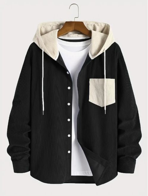 Hot Sale Color-Blocked Fleece-Lined Corduroy Hoodie Jacket For Men - Heavy Duty Winter Shirt Coat_viptrois.com