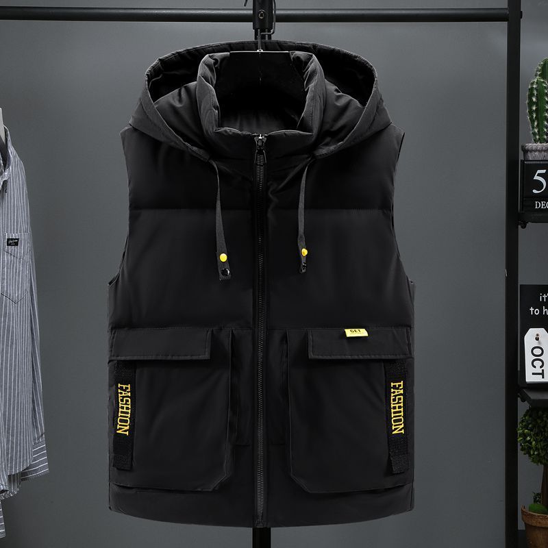 Men's Down Cotton Vest For Outerwear, Spring And Autumn New Style, Trendy Hooded Vest, Thickened Warm Sleeveless Jacket_viptrois.com