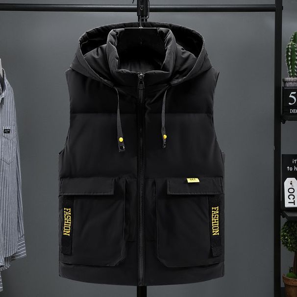 Men's Down Cotton Vest For Outerwear, Spring And Autumn New Style, Trendy Hooded Vest, Thickened Warm Sleeveless Jacket_viptrois.com