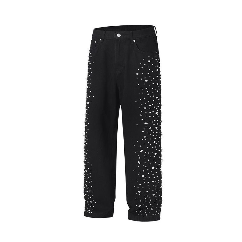 Men's Clothing High Street Washed Loose Wide Leg Side Seam Pearl Full Diamond Patch Craft Stacked Jeans_viptrois.com