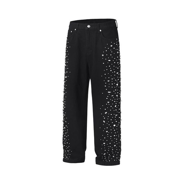 Men's Clothing High Street Washed Loose Wide Leg Side Seam Pearl Full Diamond Patch Craft Stacked Jeans_viptrois.com