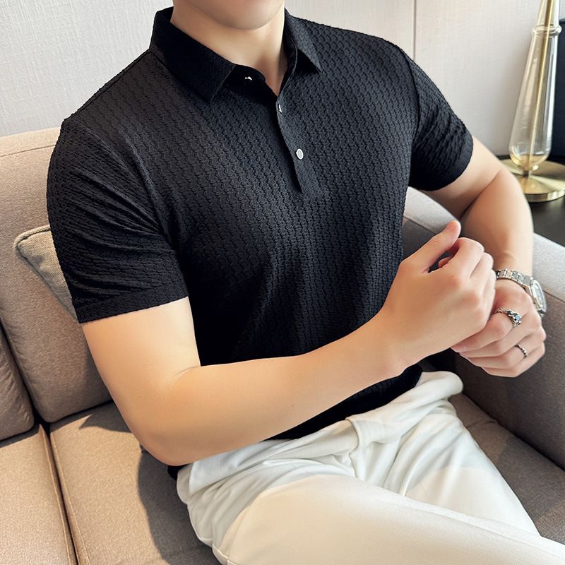 Men's Short Sleeved Polo Shirt Summer Style High Quality Ice Silk Seamless Thin Elastic Turn down Collar Top_viptrois.com