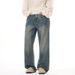 Men's Autumn/Winter Retro Casual Loose Straight Leg Jeans Midweight Cotton Washed Distressed Versatile Wide Leg Blue Black_viptrois.com
