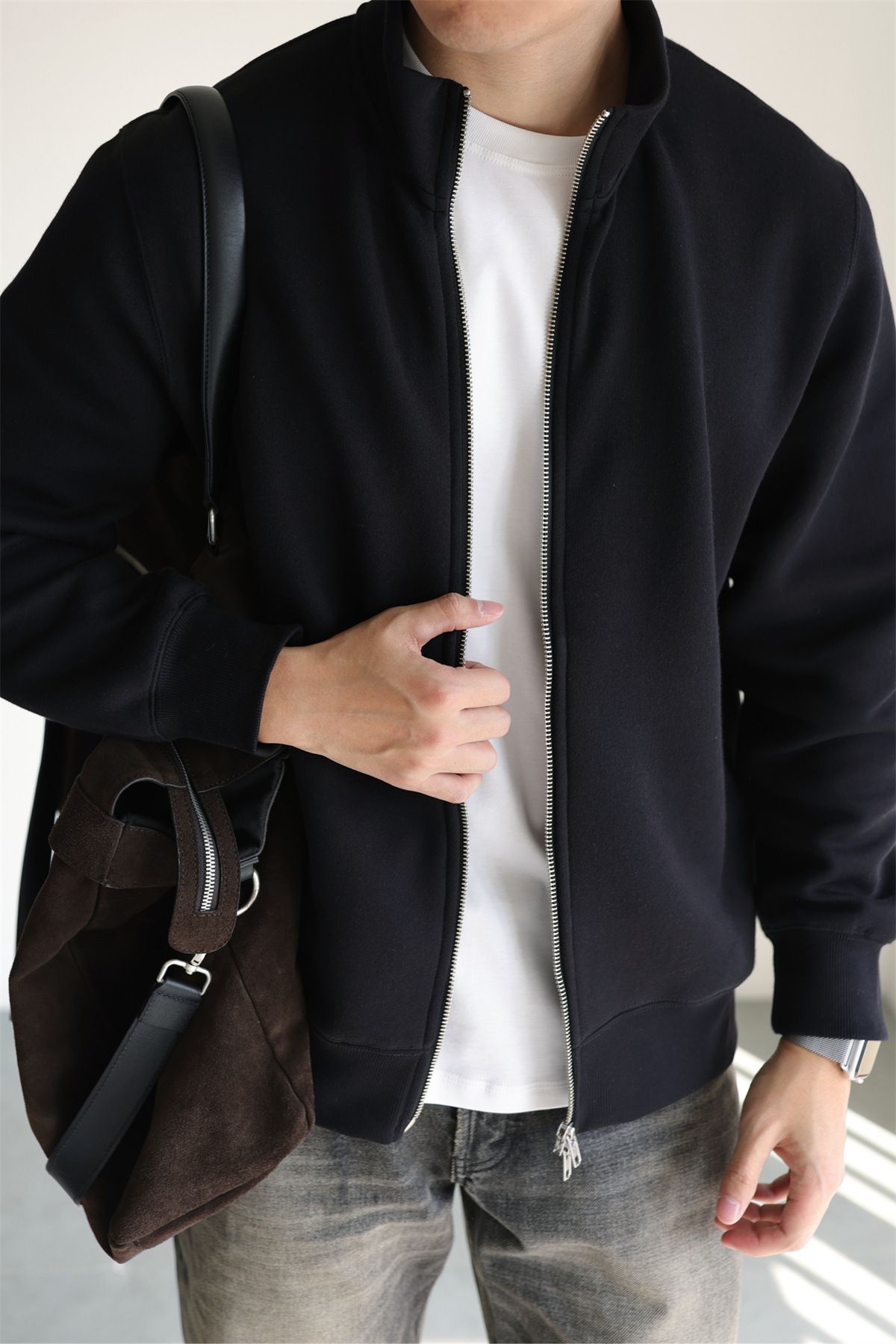 Men's Stand Collar Zip-Up Jacket – Minimalist Streetwear Pullover In Black/Grey/Navy | Oversized Casual Long Sleeve Coat (M-3XL)_viptrois.com