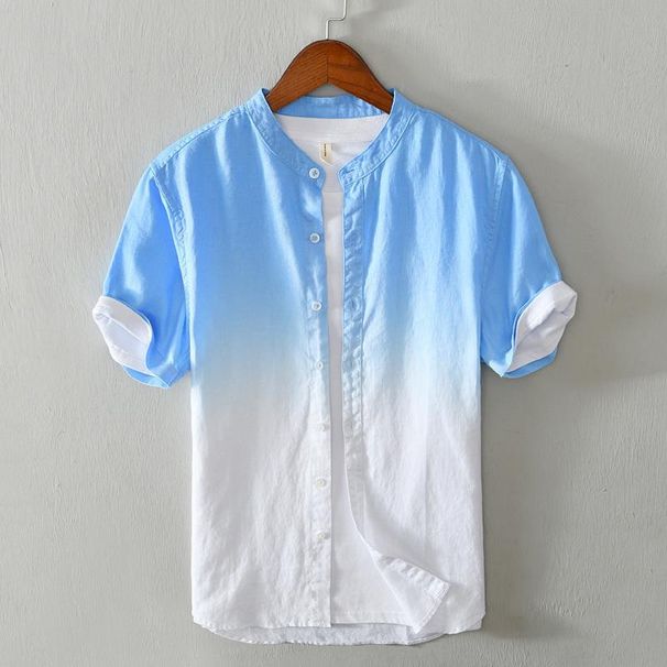 Casual Pure Linen Thin Short Sleeved Shirt, Youth Personality Gradient Color Top, Short Shirt For Men_viptrois.com