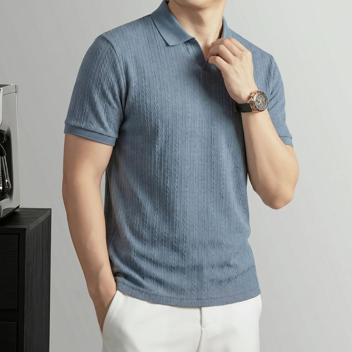 Men's Short Sleeve T-Shirt V-Neck Solid Color Seagull Collar Fashion Top for Middle-Aged New Summer Style Versatile Lapel_viptrois.com