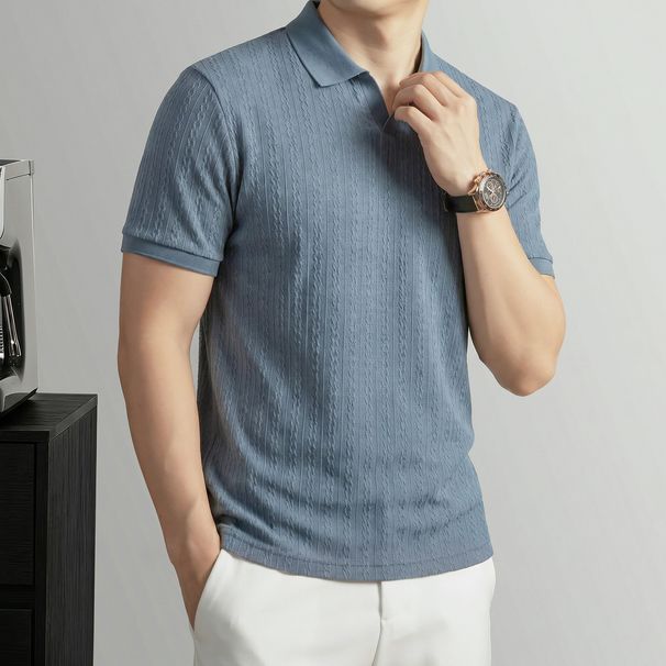 Men's Short Sleeve T-Shirt V-Neck Solid Color Seagull Collar Fashion Top for Middle-Aged New Summer Style Versatile Lapel_viptrois.com