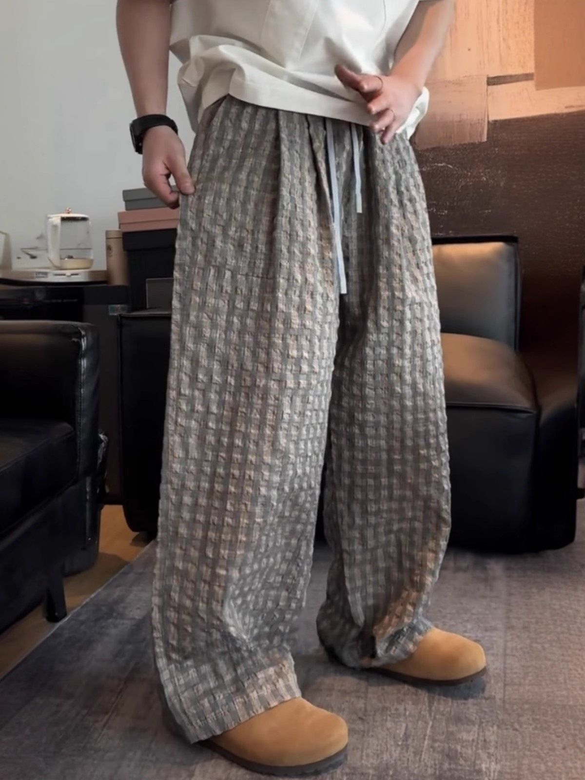 Men's Clothing Textured Bubble Plaid Pants Summer Thin Drape Wide Leg Casual Pants Loose Breathable Straight Trousers_viptrois.com
