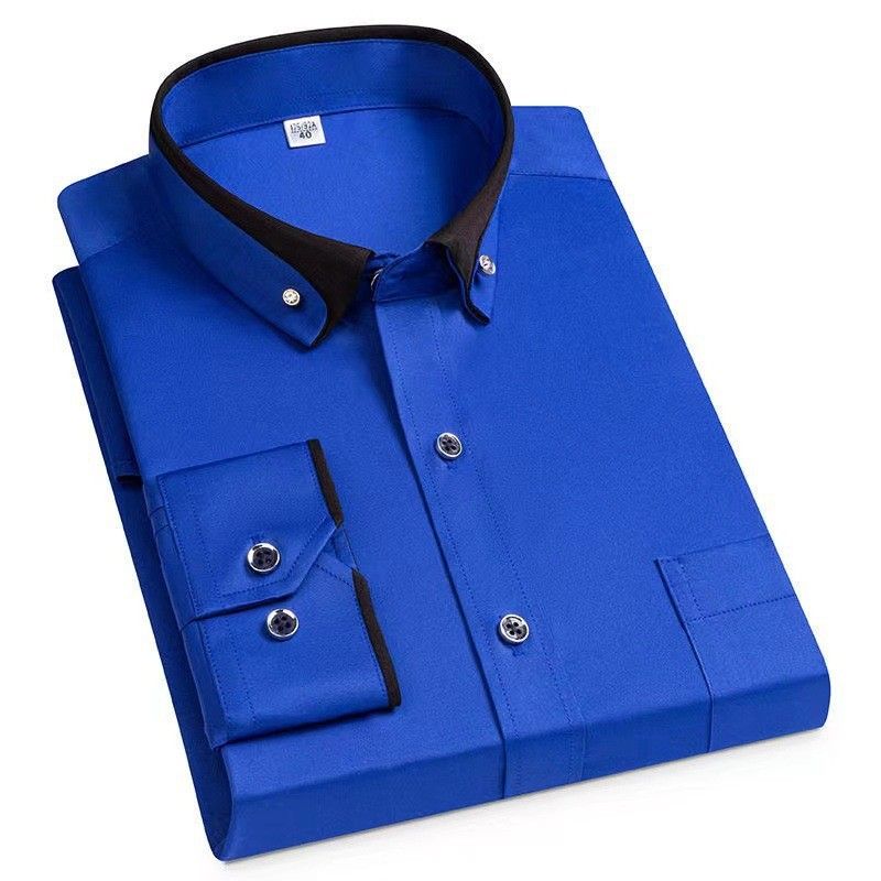 Men's Contrast Collar Stretch Long-Sleeve Shirt – Business Casual, Wrinkle-Free & Breathable, Versatile For Work & Leisure_viptrois.com