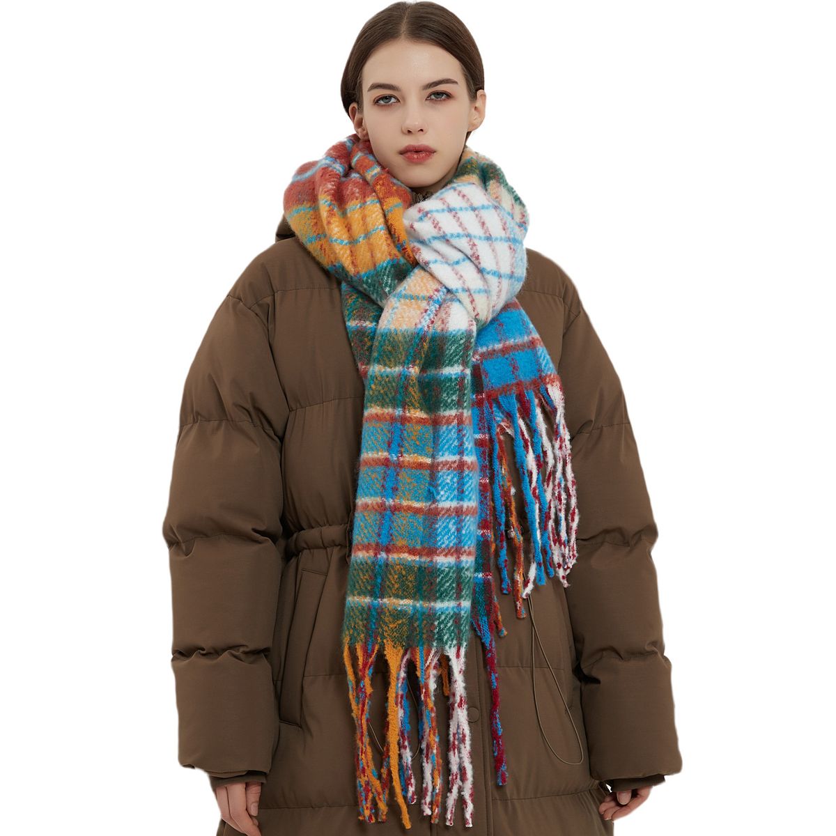 Unisex Wool-rainbow plaid scarf women's winter scarf thickened warm shawl_viptrois.com