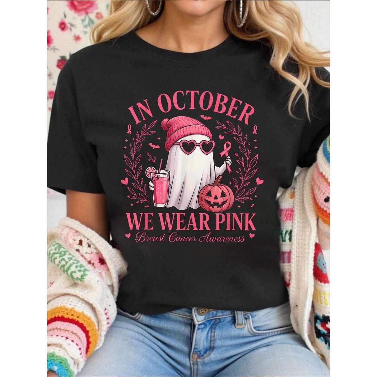 Camiseta Algodón En Octubre Usamos Rosa Conciencia Sobre El Cáncer De Mama Halloween, Camiseta Cómoda Para Mujeres_viptrois.com