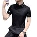 Men's Embroidered Lapel Polo Shirt, Summer Short Sleeve Rhinestone T-Shirt, Slim Fit Breathable Top, Korean Style Fashion Casual Tee_viptrois.com