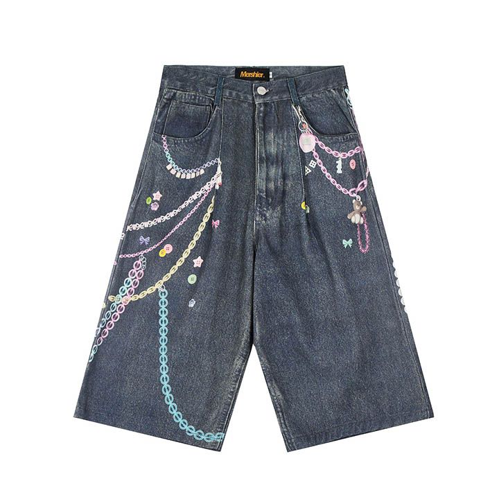 Hip Hop Chains Printed Jeans Shorts Streetwear Blue Casual Denim Shorts For Male Loose Fit_viptrois.com