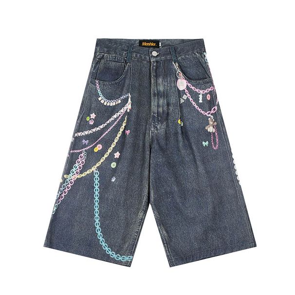Hip Hop Chains Printed Jeans Shorts Streetwear Blue Casual Denim Shorts For Male Loose Fit_viptrois.com