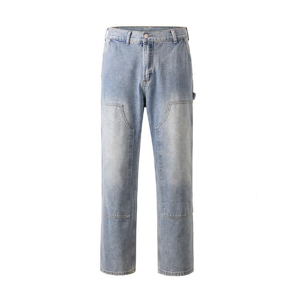 Men's Clothing High Street Water Washed Vibe Style Loose Patch Pocket Stitching Zipper Jeans Logging Pants_viptrois.com