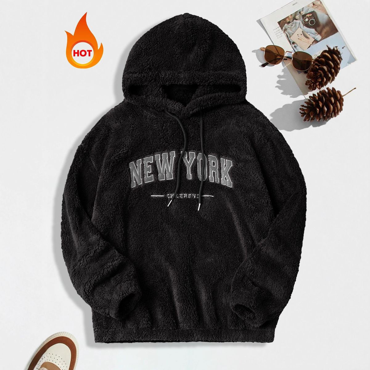 Men's Oversized Fleece Hoodie – Unisex Streetwear Pullover With Embroidery & Drop Shoulder (S-XXL, Black, Heavyweight, Couple Outfit)_viptrois.com