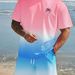 Men's Gradient Coconut Tree Beach 3D Print Short Sleeve Shirt And Shorts Set Trendy Summer Vacation Clothing_viptrois.com