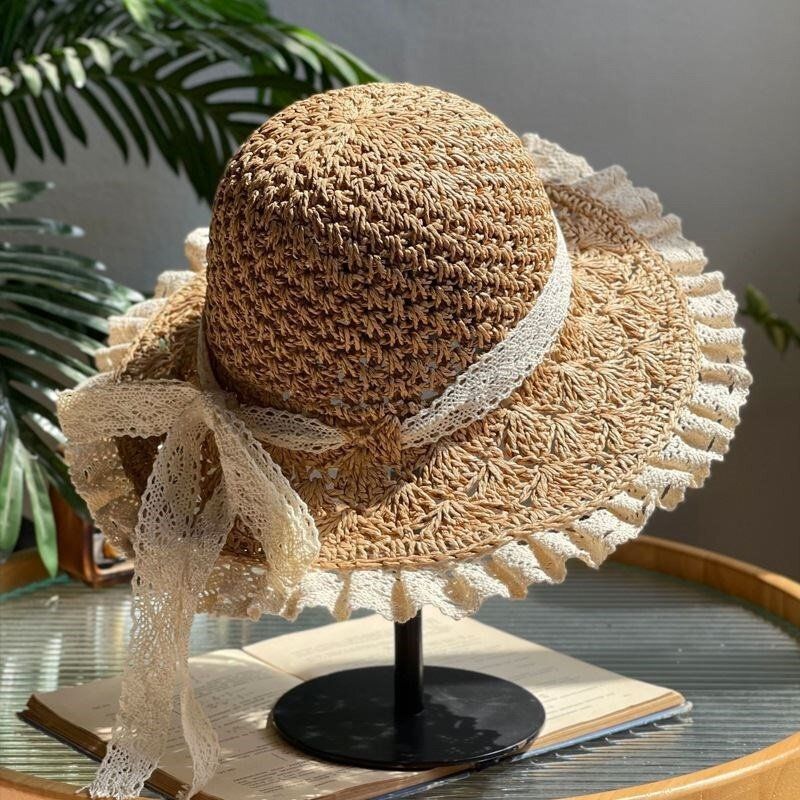 Women's Straw Hats Lace Edge Foldable Straw Hat For Women Summer Hand Woven Hollow Bow Sun Hat Sun Protection Beach Hat_viptrois.com