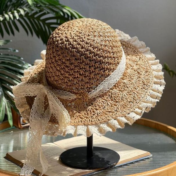 Women's Straw Hats Lace Edge Foldable Straw Hat For Women Summer Hand Woven Hollow Bow Sun Hat Sun Protection Beach Hat_viptrois.com